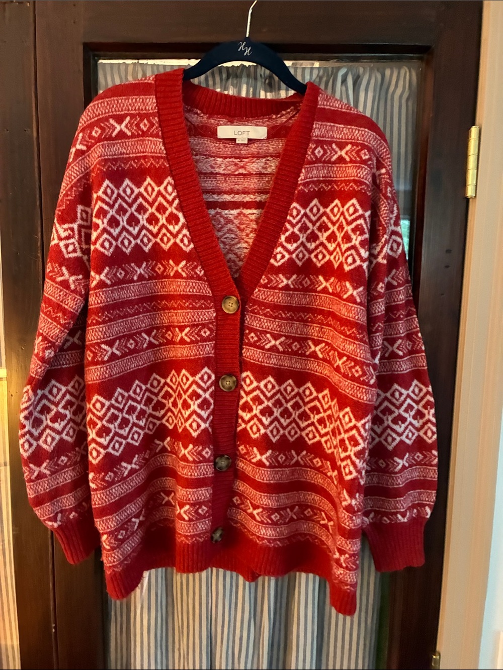 LOFT Red and White Fair Isle Button Cardigan